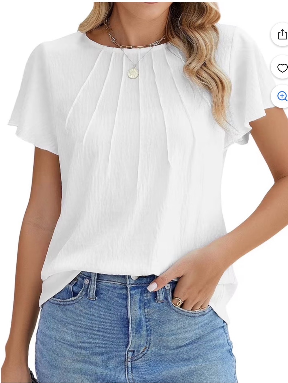 Women's White Pleated Tunic Short Sleeve Top